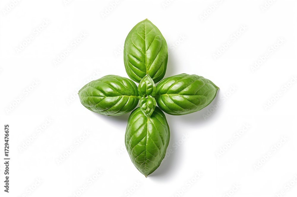 Fototapeta premium Top view of vibrant green basil leaves on a white backdrop