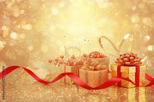 Shiny golden presents adorn...