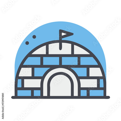 Icon of an igloo with a flag, made of blue and white ice blocks, on a blue circle background.