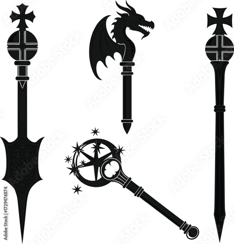 Fantasy magic staff, mystical wand design, dragon staff illustration, enchanted weapon art, wizard staff artwork, sorcerer wand, magical artifact illustration