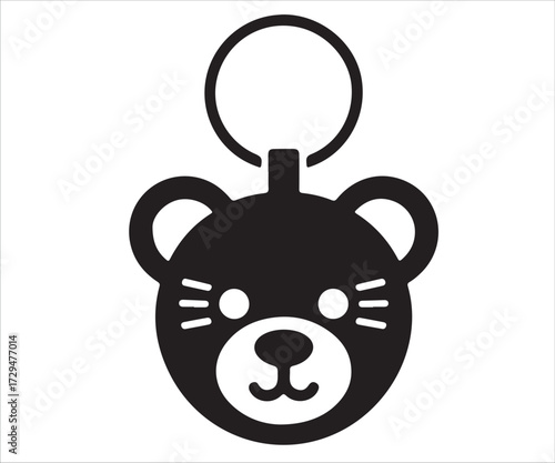 Cute bear face keychain silhouette vector illustration, black and white minimal design of animal head pendant with loop for accessories, decoration, and creative graphic projects