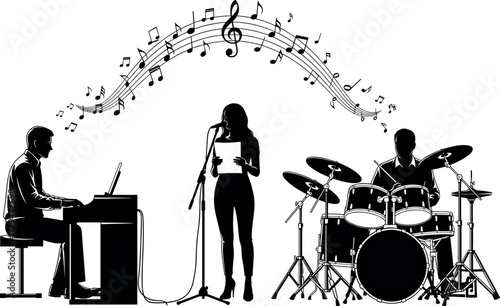 Silhouette band performing live music with singer, drummer, and keyboardist under musical notes arc in black and white vector style