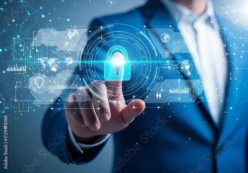 Wallpaper Mural A businessman in a blue suit engaging with a futuristic digital lock interface, symbolizing cybersecurity and protection. Torontodigital.ca