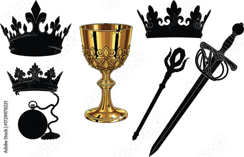 Medieval crown, fantasy chalice, royal scepter, black sword, pocket watch, ornate relics, ancient power, gothic royalty, mystical treasure, dark kingdom