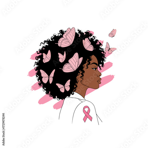 african american woman, black woman profile, natural curly hair, breast cancer awareness, pink ribbon woman, elegant black woman, pink butterflies, breast cancer support, october awareness, strong bla