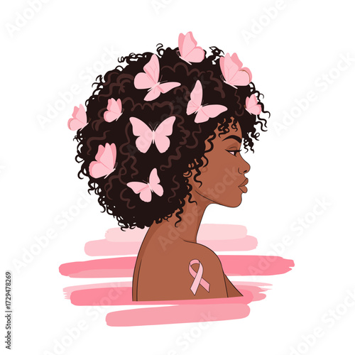 african american woman, black woman profile, natural curly hair, breast cancer awareness, pink ribbon woman, elegant black woman, pink butterflies, breast cancer support, october awareness, strong bla