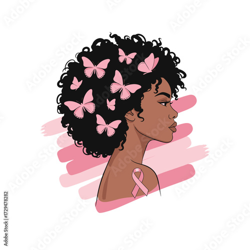 african american woman, black woman profile, natural curly hair, breast cancer awareness, pink ribbon woman, elegant black woman, pink butterflies, breast cancer support, october awareness, strong bla