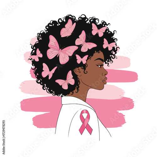 african american woman, black woman profile, natural curly hair, breast cancer awareness, pink ribbon woman, elegant black woman, pink butterflies, breast cancer support, october awareness, strong bla