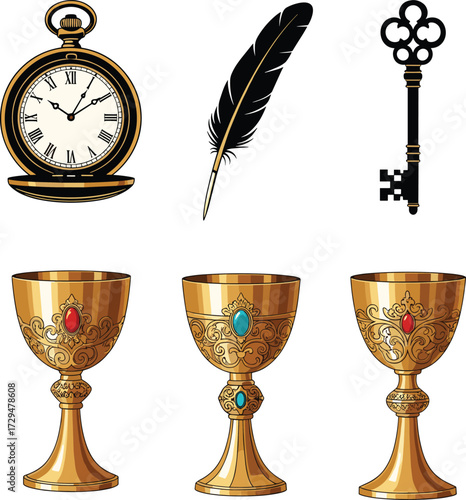 Antique pocket watch, black feather, ornate vintage key, golden chalices with gems, symbolic objects, fantasy ritual, mystical treasure illustration