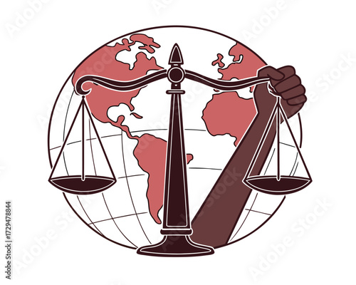 Global Justice and Equality Illustration with Scales of Justice Hand and World Map Advocating for Social Change and Legal Fairness