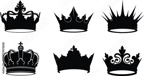 Black crown silhouette icons, royal crown vector set, luxury monarchy symbols, vintage regal design, king queen illustration, decorative emblem collection