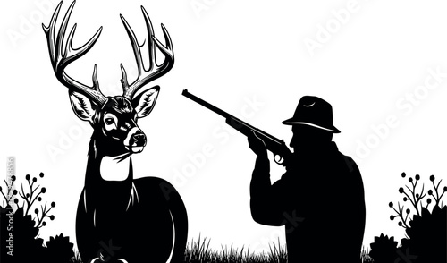 Silhouette hunter aiming rifle at deer in forest landscape, wildlife hunting scene with antlers, nature grass field and outdoor tension