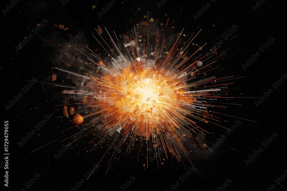 Obraz premium Capture of an explosion's motion halted against a dark backdrop. Symbolizing innovation and creative thinking.