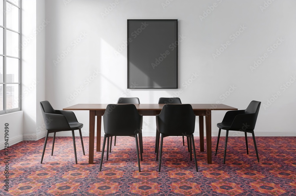 Fototapeta premium Modern dining area with black seats and geometric rug under bright lighting and a dark artwork on white wall