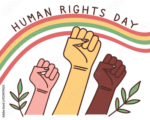 Human Rights Day illustration with diverse hands raised and a rainbow in the background showing unity and equality for all