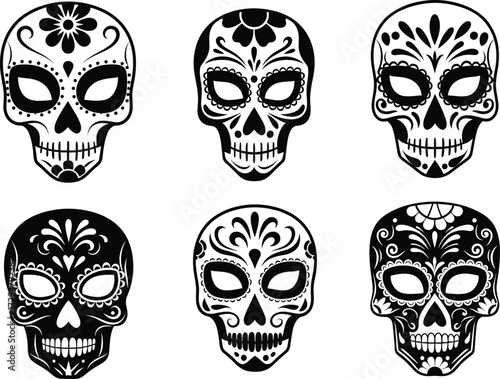 Black and white sugar skull illustration, Mexican Day of the Dead art, decorative skull design, cultural holiday symbol, traditional festival artwork