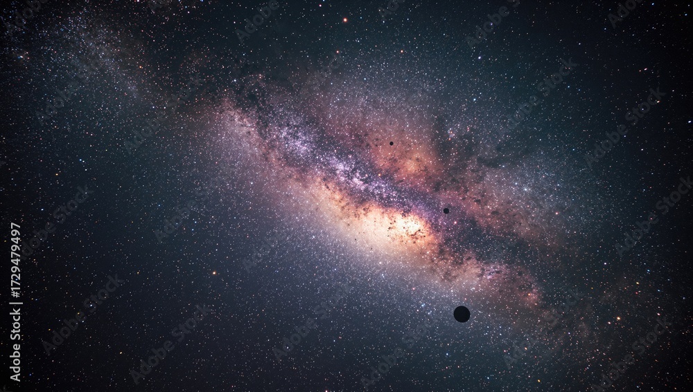 Fototapeta premium Cosmic vista featuring a star-filled night with the Milky Way and interstellar dust captured using long exposure and grain effects