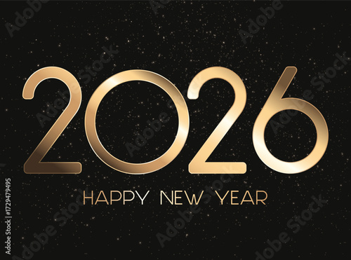 Golden metallic 2026 happy new year on background on dark black background