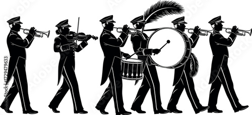Silhouette marching band parade with trumpet, drum, violin players in uniform performing music outdoors in ceremonial festive celebration scene
