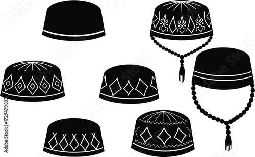 Traditional cultural hats silhouette, ethnic headwear design, tribal fashion accessory, ornamental folk cap, decorative pattern hat, heritage costume element, ceremonial