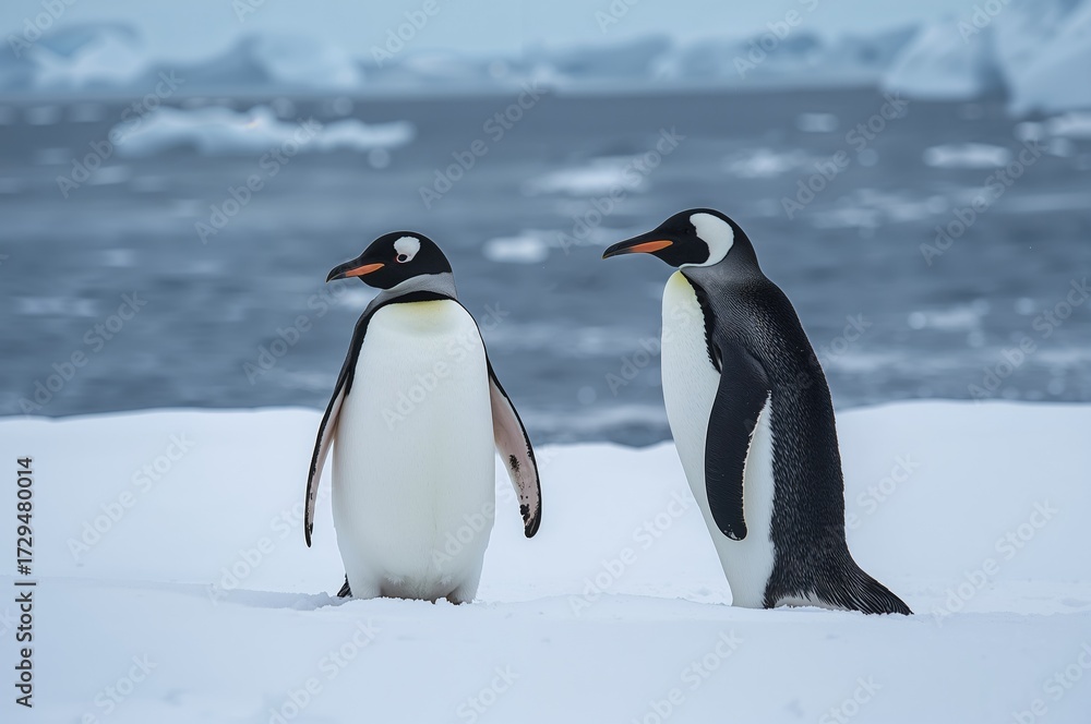 Fototapeta premium Gentoo and Chinstrap penguins going about their everyday tasks
