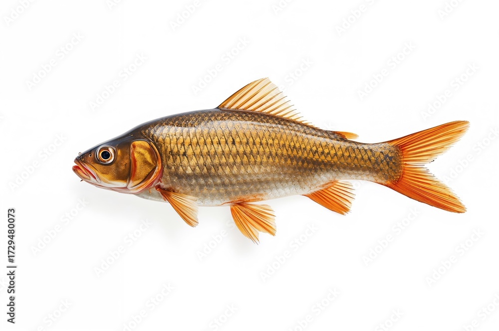 Fototapeta premium Isolated fresh carp on white backdrop with texture and natural elements