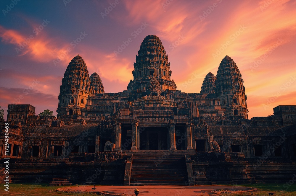 Fototapeta premium Ancient stone temple surrounded by jungle, showcasing traditional Asian architecture and historical significance.