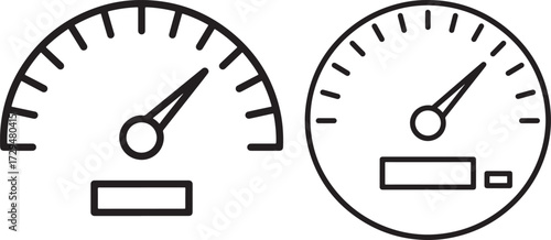 Two simple line art dashboard gauges with needles and indicators isolated on white background silhouette