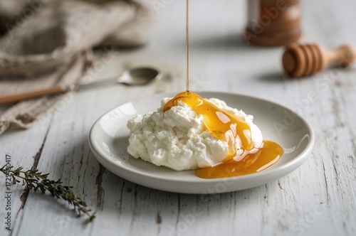Homemade ricotta or cottage cheese drizzled with honey on a rustic white wooden surface