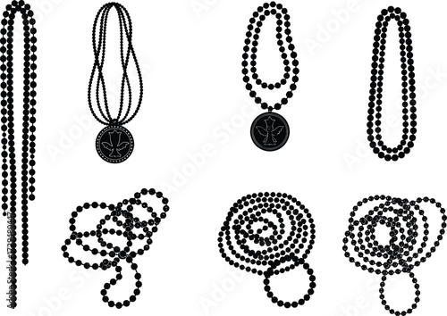 Beaded necklace collection, jewelry strands, tangled beads, coiled designs, pendant with bird, fashion accessories, decorative strings, handmade craft, bohemian style
