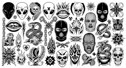 Collection of Dark and Edgy Tattoo Designs Featuring Skulls Aliens Masks and Mythical Creatures for Bold Expressions