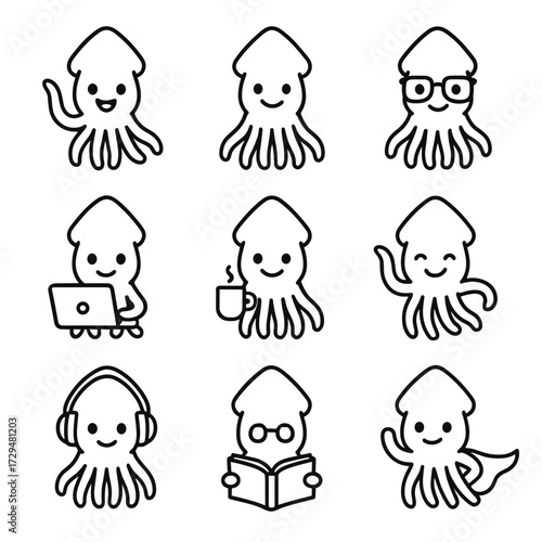 Playful glasses coffee dancing set icon reading vector holding superhero squid
