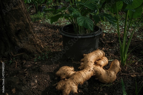 Ginger rhizome in earthenwa...