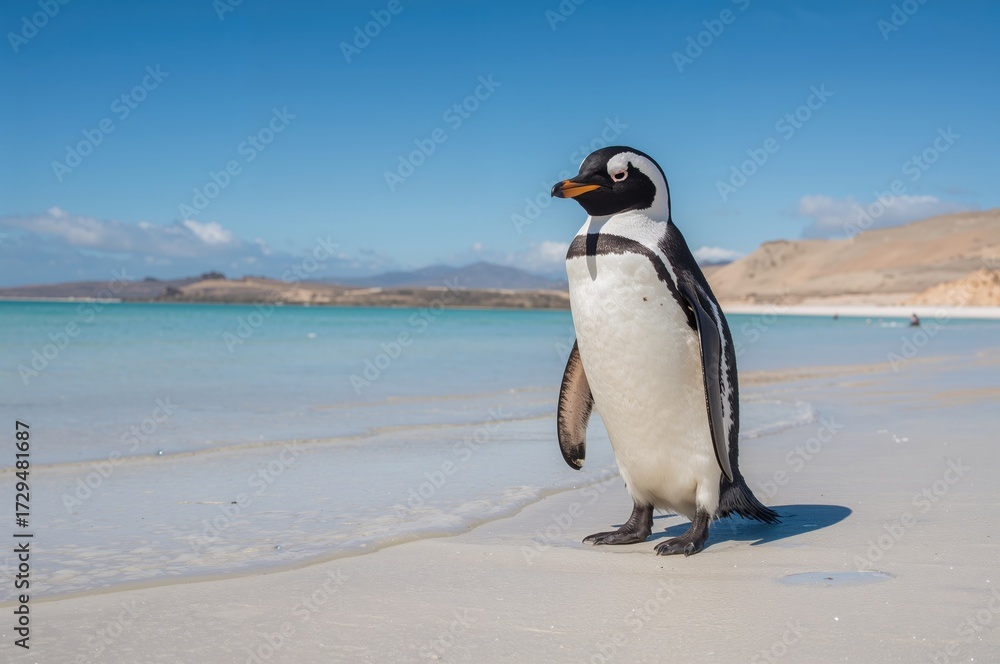 Fototapeta premium Pygoscelis papua standing on a sandy shore of a remote island.
