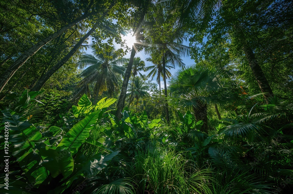Naklejka premium Verdant Marshland: A Tropical Jungle Oasis with Exotic Flora and Majestic Palms