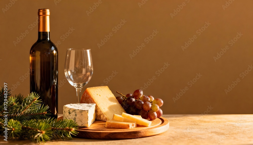 Naklejka premium Cheese assortment with red grapes, glass and unbranded wine bottle on wooden tray with pine branches, symbolizing holiday celebrations, gourmet lifestyle, and festive culinary indulgence.