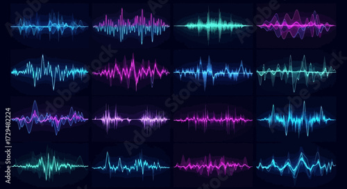 Collection of Diverse Neon Sound Waveforms Displayed Against a Dark Background Showing Audio Visualization and Digital Signal Processing in Vibrant Colors