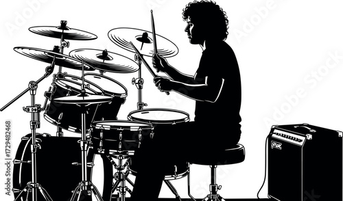 Silhouette of drummer playing full drum kit with cymbals, snare, toms, hi-hat, and amplifier in energetic live performance