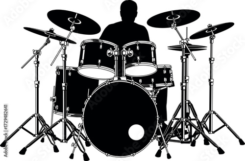 Silhouette of drummer playing full drum kit with cymbals, toms, snare, and hi-hat in music performance vector illustration
