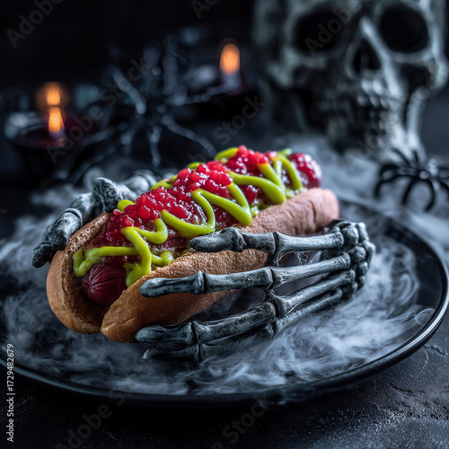 halloween themed hot dog with spooky toppings and spiderwebs