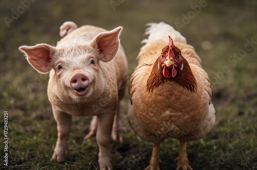 Amusing small pig and hen p...