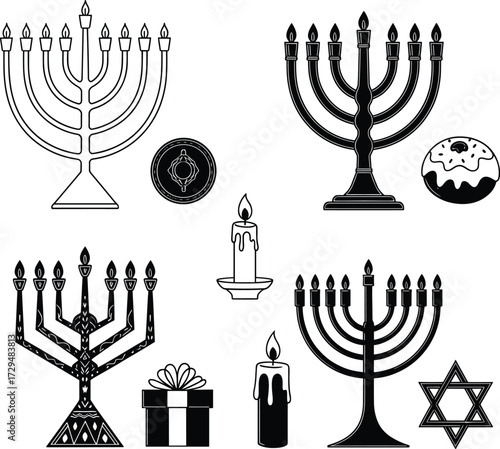 Hanukkah menorah illustration, dreidel, sufganiyah doughnut, Star of David, holiday candles, Jewish festival symbols, gift box, black white drawing