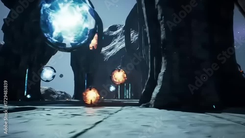 Abstract digital art glowing orbs and structures in a dark scene