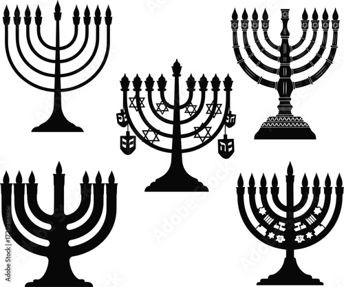 Hanukkah menorah illustration, Jewish holiday candelabra, festive Hanukkiah design, traditional candles, religious celebration, Judaica art, festival lights, decorative symbols