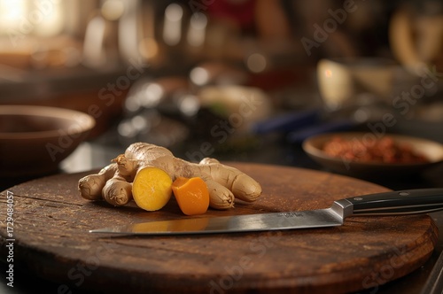 Knife and Ginger Root on a ...