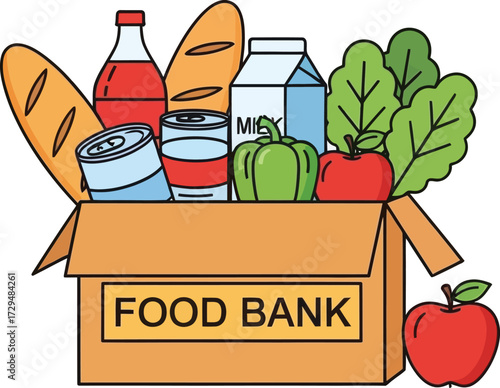 Food Bank Donation Box Illustration with Bread, Milk, Canned Goods, Produce, and Juice – Cartoon Style Symbol of Community Support and Food Security