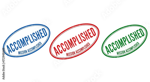 Three Oval Rubber Stamps Representing Accomplishment in Blue Red and Green Colors Offering a Sense of Achievement and Success