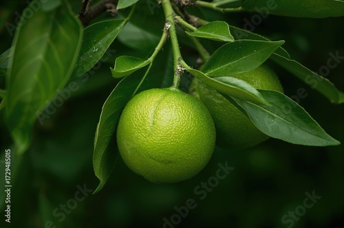 Unripe green citrus fruits ...