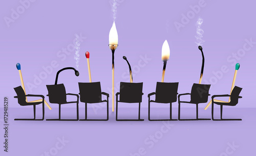 Job burnout, emotional, physical, and mental exhaustion, is shown with burned out matches at different stages in their careers as they attend a staff meeting.