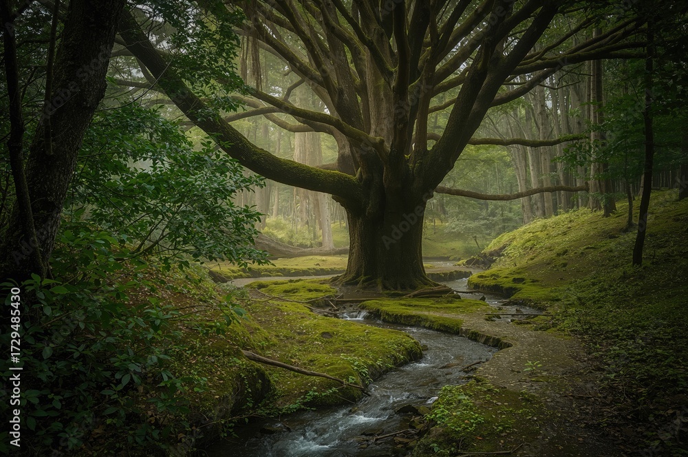 Naklejka premium Trail through cedar woods on a remote island
